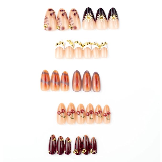 Almond Press on Nails Medium Fake Nails Red Artificial Nail Seeneey Cherry Gold Charm Designs Brown Stick on Nail for Women 24pcs