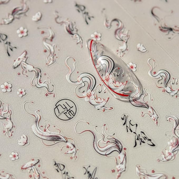 2Sheets Nail Art Sticker Ink Painting Foxs Nail Decals Black White Archaic Style Nine-Tailed Fox Art Manicure for Women Girls (Fox)