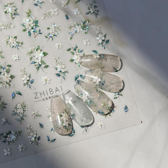 Holographic White Jasmine Flower Nail Art Stickers, 3D Floral Design with Iridescent Effect