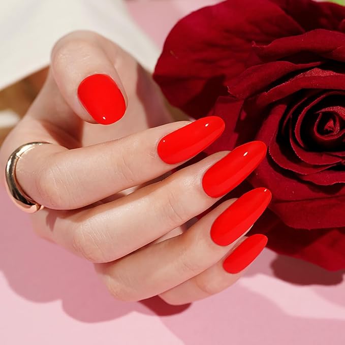 Semi Cured Gel Nail Strips - 20Pcs Classic Red UV Gel Nail Wraps with Solid Red Design, Long Lasting Salon-Quality Stickers, Includes Nails File & Wooden Stick - UV/LED Lamp Required