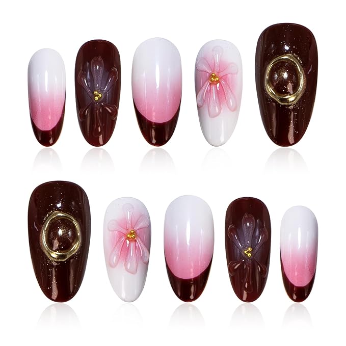 Handmade Press-on Nails Acrylic Almond Shape with 3D Jelly Flowers, Red French Tip & White-Pink Ombre – Short Soft Gel Nails Kit, Reusable Stick-on Nails, Ideal Gift for Women (Size S)