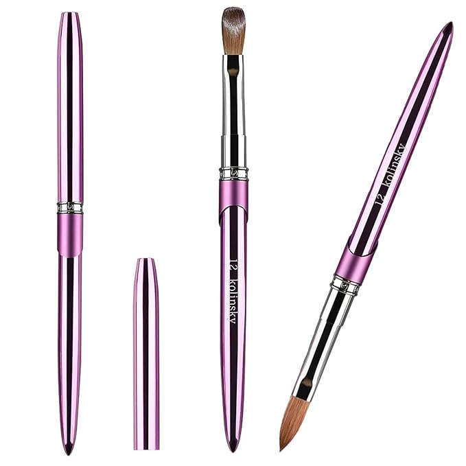 100% Pure Kolinsky Acrylic Nail Brush Size 12, Hair Acrylic Crystal Chrome Purple with Silver Ferrule Round Shaped for Women Girls Manicure Tools Accessories