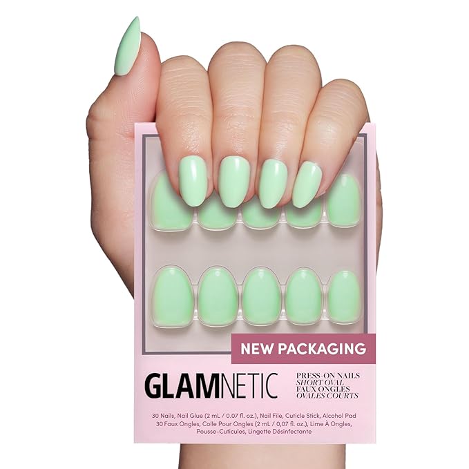 Glamnetic Press On Nails - Mint Green Fake Nails | Solid Opaque Pastel Green Short Oval Nails, Salon Quality | 15 Sizes - 30 Nail Kit with Glue