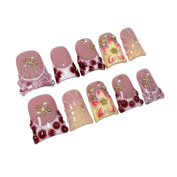 10Pcs Press on Nails Handmade Medium Duck Fake Nails 3D Flower Nails Press Ons wtih 3D Starfish Design Pink Leopard French Tip False Nails Luxury Reusable Acrylic Stick on Nail for Women (Size M)
