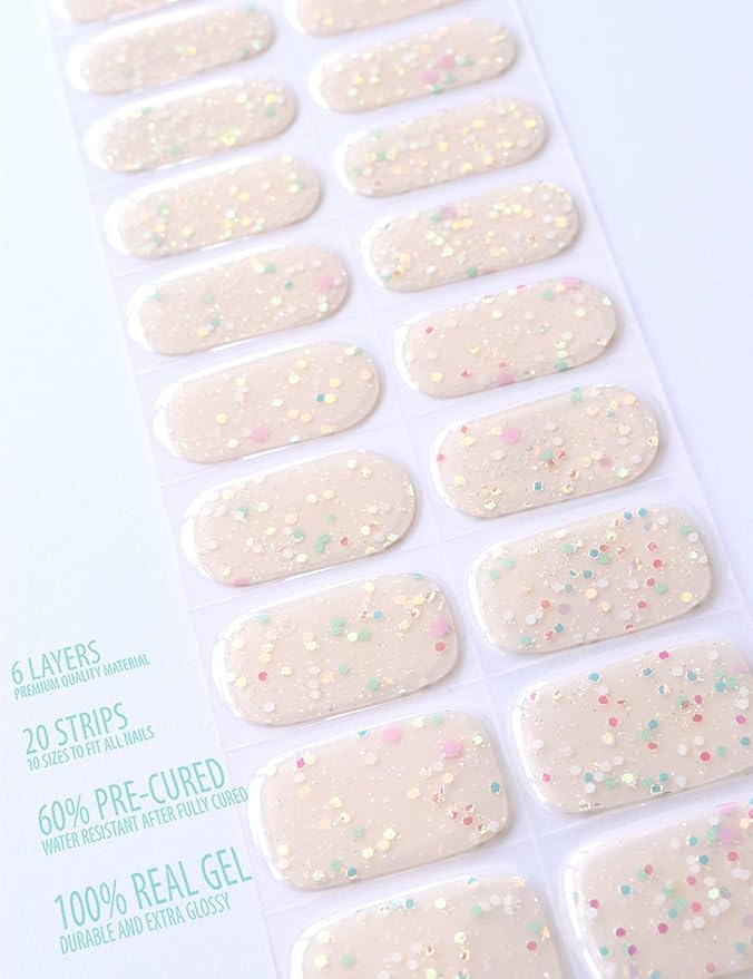 Semi Cured Gel Nail Strips, 20 pcs Nail Wraps, Glaze Stickers, Salon Quality French Manicure, Full Decal Gel Polish Strips, Long Lasting SCG, Easy on, UV Required (Mint Sprinkles)