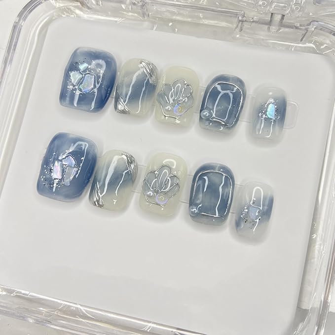 Handmade Press on Nails Shell False Nails White Pearl Press on Nail Short Square Fake Nails Designs Full Cover Artificial Gradient Blue Acrylic Glue on Nail for Women Girls Stick on Nails (Size S)
