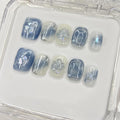 Shell Press on Nails Handmade Press on Nails White Pearl False Nails Short Square Fake Nails Designs Full Cover Artificial Gradient Blue Acrylic Glue on Nails for Women Girls Stick on Nails (Size M)