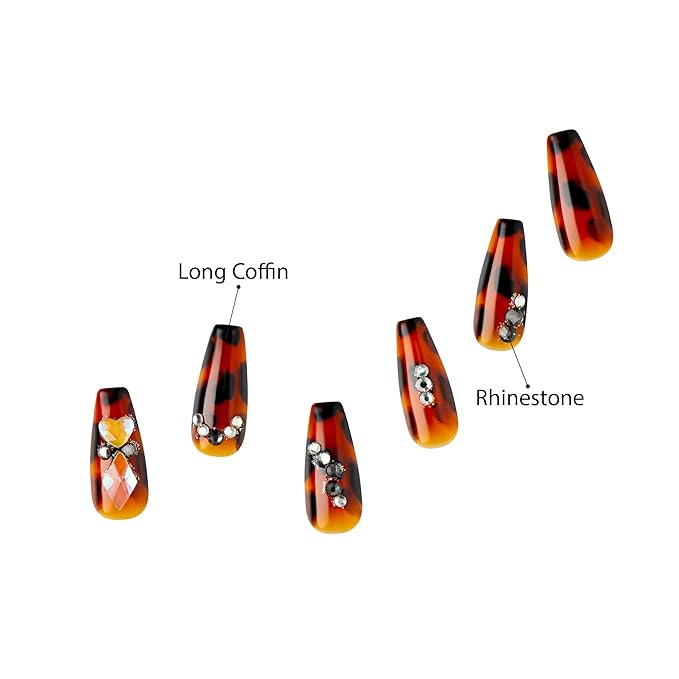GoldFinger Premium Luxury False Nails Kit, Ready to Wear Leopard Nails, Manicure Stick and Glue Included, Long Coffin Shape with 3D Rhinestones, Long-Lasting Hottest Trend Glue on Nails