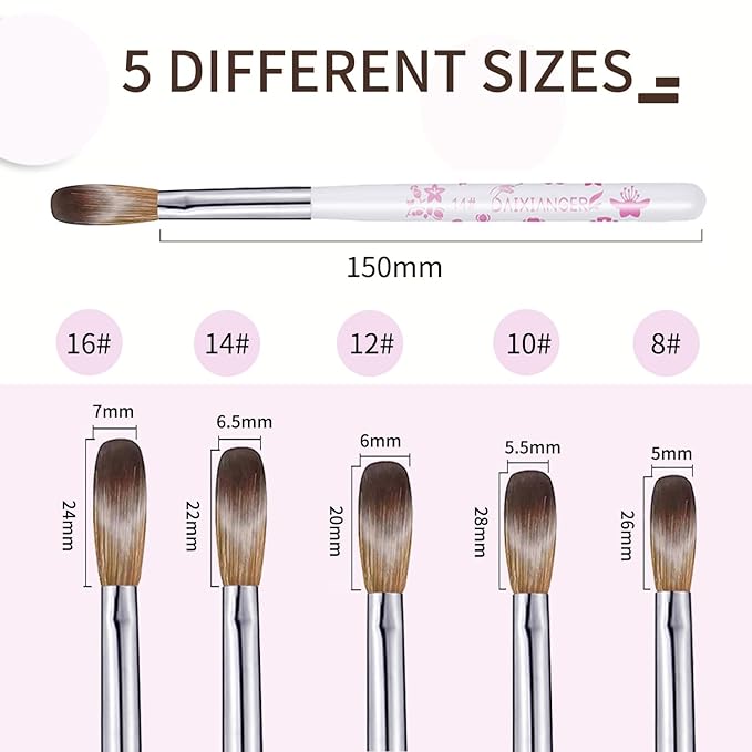5Pcs Flower Acrylic Nail Brush Set, Size 8/10/12/14/16, Professional Nail Brushes for Acrylic Application Powder & Nail Extension, 3D Nail Carving Tools for DIY Home Salon Manicure-White
