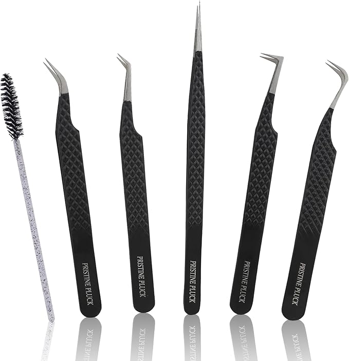 5-Piece Eyelash Extension Tweezers Set Precision Lash Tweezers with Anti-Slip Grip with fiber tip lash tweezers Tools for Lash Artists & eyelash tweezers for women (eyelash set black)