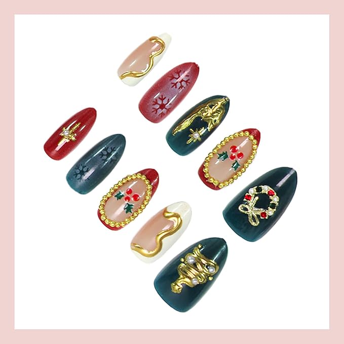 24pcs Christmas Press on Nails Medium Almond Fake Nails Winter Snowflake Full Cover False Nails with 3d Pearl Rhinestones Designs Xmas Tree Wreath Star Glue on Nails for Women Nail Decoration Supplies