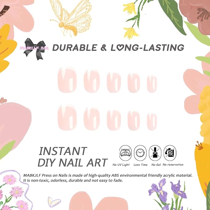 Short Square Press on Nails Petite MABKJLF French Tip Fake Nails Light Pink Full Cover White Nail Tip False Nails with Nail Glue Glossy Glue on Nails Manicure Artificial Nails for Women Girls 24Pcs