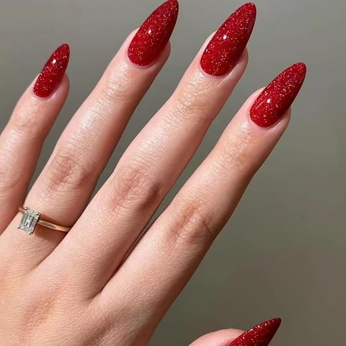 30Pcs Almond Press On Nails - Supremely Fit & Natural Soft Gel Almond Nails,15 Sizes, Reusable Fake Nails Kit with Gift Box for Women (Shiny Red)