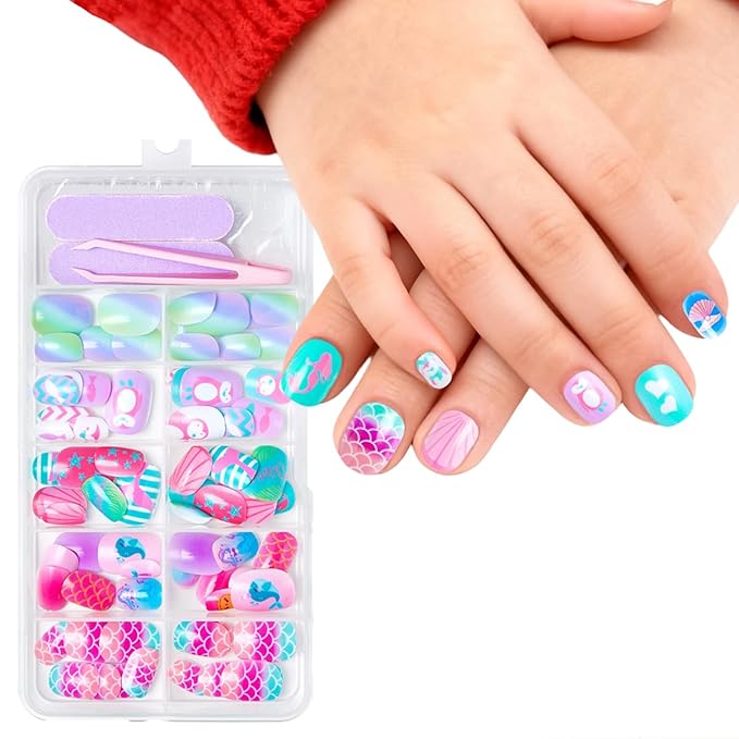 120Pcs 10 Packs Cute Short Press on Nails for Girls 5 Styles 12 Sizes Press on Nails for Kids Press ons with Shell Whale Mermaid Star Penguin Designs Full Cover Acrylic Nails for Little Girl Gift DIY