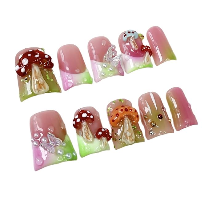 Duck Press on Nails Short Fake Nails Handmade Press on Nails Cute 3D Mushroom Butterfly Designs Thicked False Nails Green Pink Gradient Artificial Nails Pearl Stick on Nail for Women (S)