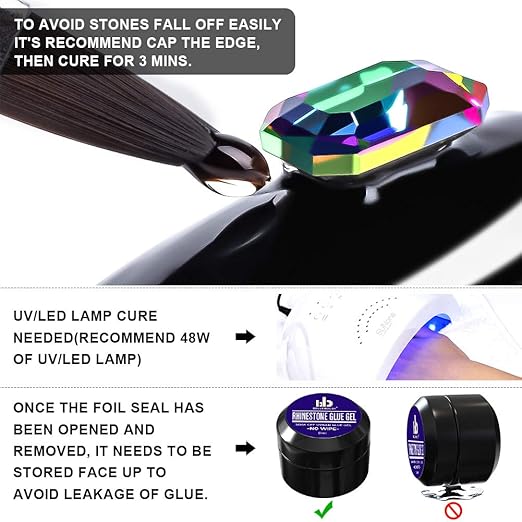 Nail Art 8mlx2 NO WIPE Rhinestone Glue Gel (LED Light Cure Needed) with Cosmetic Pencils Adhesive Gem Jewelry Diamond Beads Stone Gel Nail Polish Clear With 3 Brushes Tools + Pickup Pen + Tweezer