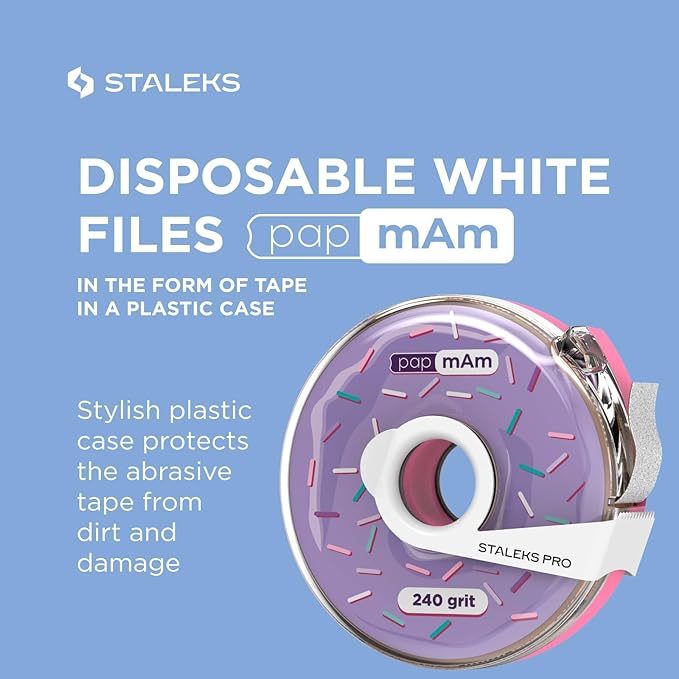 Staleks Pro Disposable White Abrasive Tape papmAm Expert – 240 Grit – 7m Roll in Plastic Case – Glueless Replaceable Abrasive – Professional Nail Polishing – Manicure & Pedicure