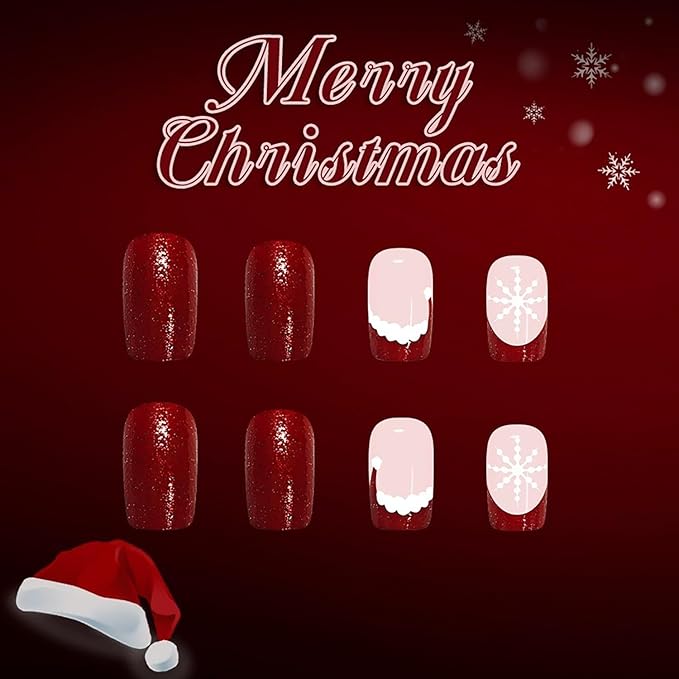 Christmas Press on Nails Medium Square Fake Nails with Snowflake Christmas Hat Designs Xmas Red Glitter French Tip False Nail Winter Stick on Nail for Women 24 Pcs