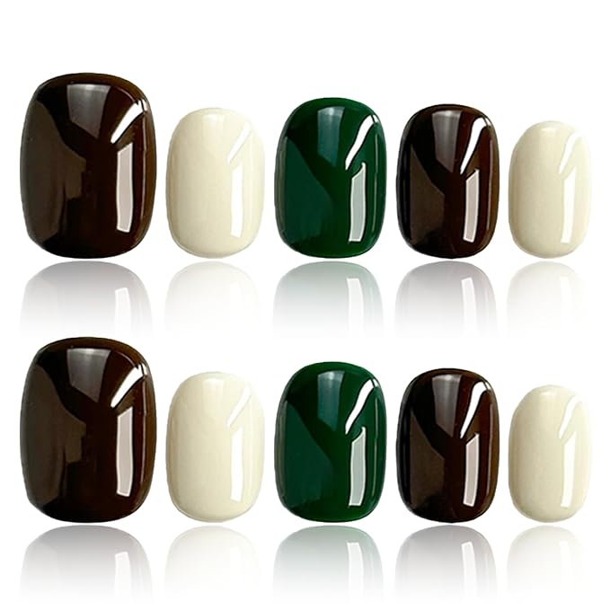 Press On Nails Short, Chic Mixed-Color Nails Press Ons - Dark Green, Brown, White, Square Shape, Acrylic Fake Nails for Women, 25 PCS Handmade Press On Nails