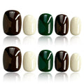Press On Nails Short, Chic Mixed-Color Nails Press Ons - Dark Green, Brown, White, Square Shape, Acrylic Fake Nails for Women, 25 PCS Handmade Press On Nails