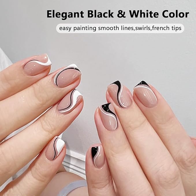 Black And White Gel Polish, 2PCS 8ML Gel Nail Polish Art Liner Set for French Tips Swirls Lines Gels Paint with Build in Thin Brush Detailing Draw Design Home Manicure Salon Supply UV Curing