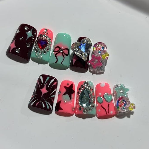 10 Pcs Handmade Press on Nails Duck Medium Fake Nails 3D Rhinestone Designs False Nails with Heart-Shaped Pattern Reusable Artificial Smooth Full Cover Acrylic Stick on Nails for Women Grils (Size M)