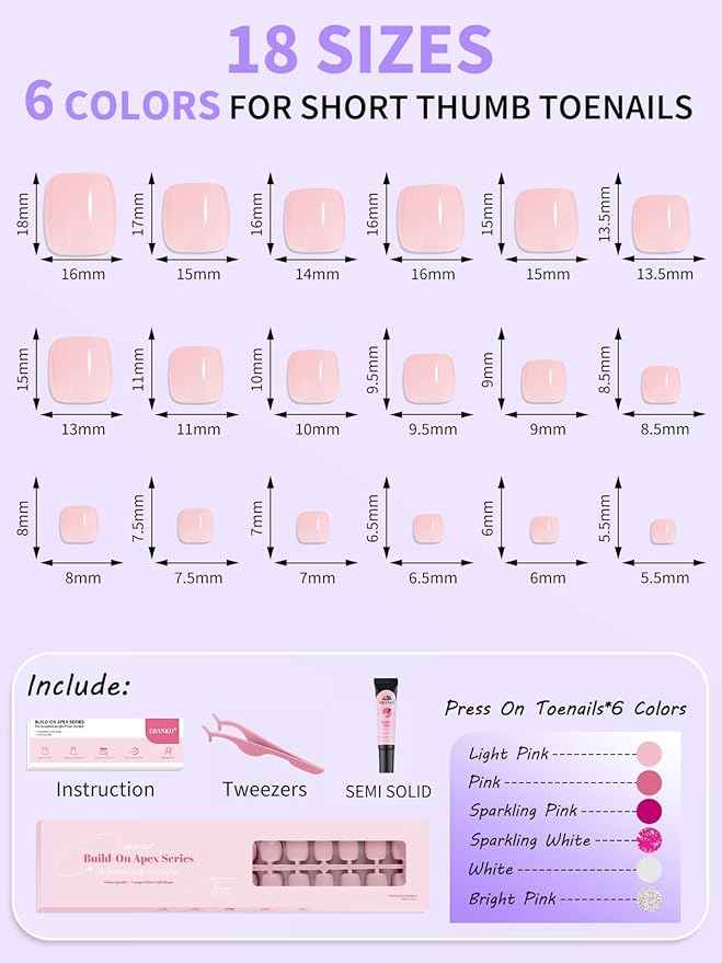 EBANKU Press On Toenails Short, 216 Pcs Square Toe Nail Tips Solid Color False Toenails 18 Sizes Press On Nails Full Cover Nail Tips with Nail Glue for Nails DIY Salon Home