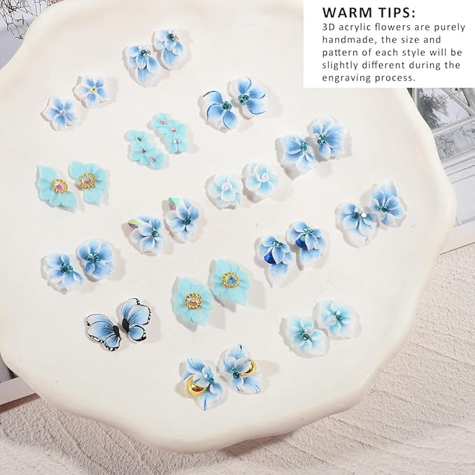 30PCS 3D Handmade Flower Nail Art Charms Advanced Handcrafted Cherry Blossom Flower Colorful Sculpted Floral Nails with Rhinestone Caviar Beads Design for Women Profession Nail Art Craft Jewelry