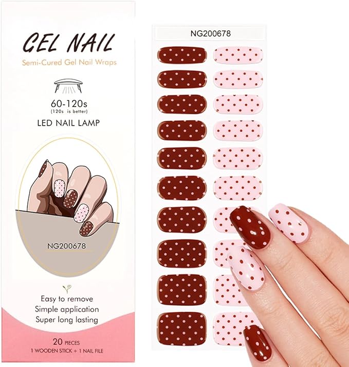 Polka Dot Semi Cured Gel Nail Strips - 20Pcs Brown & Pink UV Gel Nail Wraps with Polka Dots Design, Long Lasting Salon-Quality Stickers, Includes Nails File & Wooden Stick - UV/LED Lamp Required