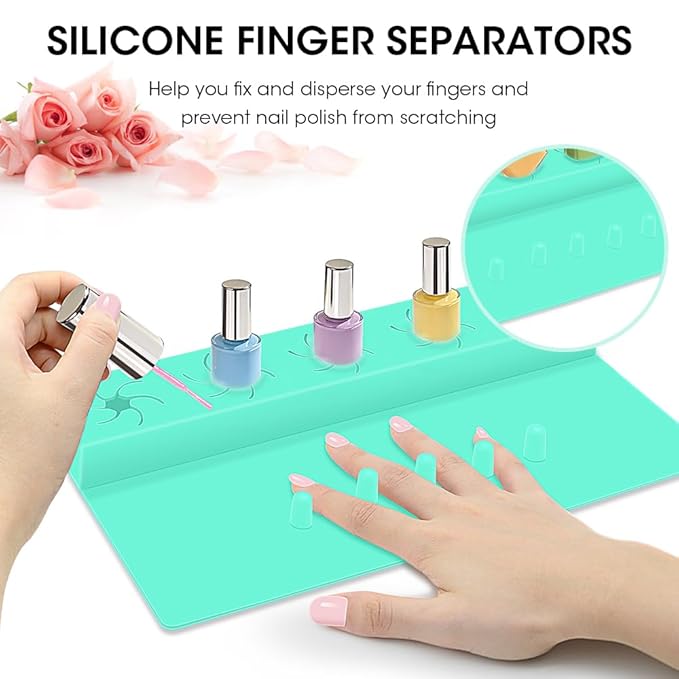 Nail Polish Holder,Silicone Hand Rest Mat Fingernail Painting Tools 2 in 1 Art Accessories Organizer Case Set with Anti-Spill Bottle Stand and Finger Separator for Pedicure Manicure-Turquoise