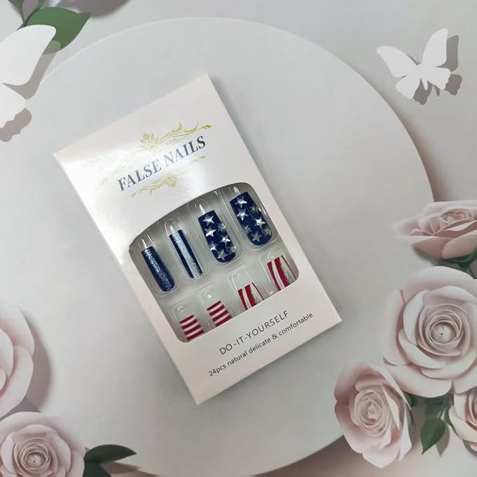 Press on Nails Independence Day Medium Length Fake Nails Red Stripe Glossy False Nails with 3D Star Designs 4th of July Reusable Acrylic Nails Square False Nails for Women Girls 24Pcs