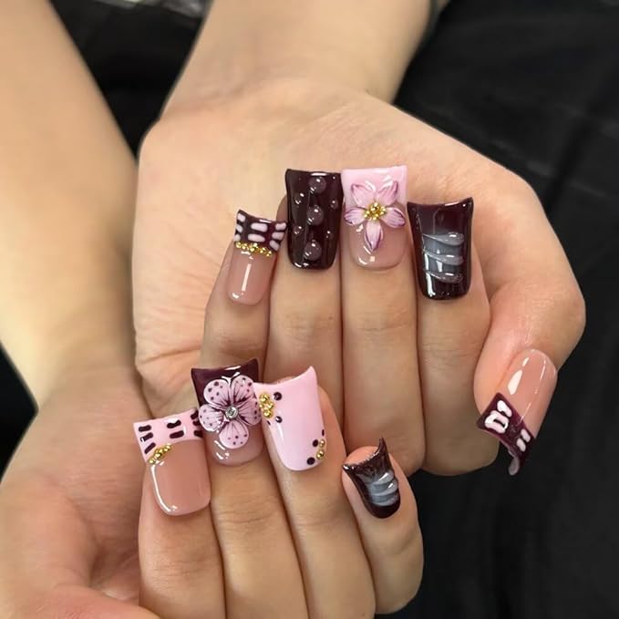 Press On Nails, 10 Pcs Handmade French Purple Duckbill Fake Nails, Reusable Artificial Duckbill False Nails for Women 3D Acrylic Nails Kit (Size S)