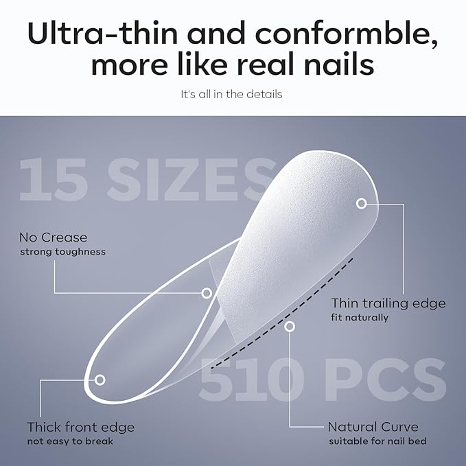 modelones X Nail Gel Kit Short Coffin, Upgrade 510Pcs Fake Nails 15Sizes, 9-in-One Glue Prep Dehydrator & Mini U V Light Clipper, Pre-shaped Half Matte Press on Short Coffin Tips for DIY Salon