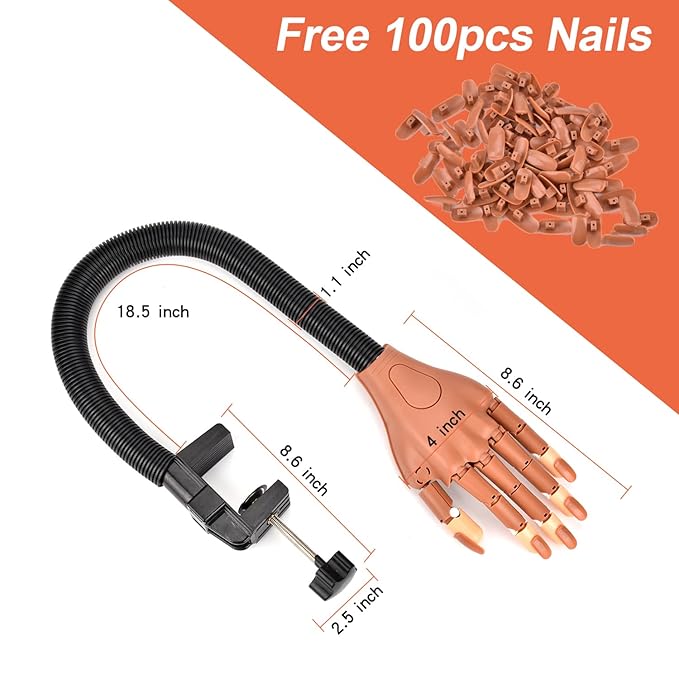 NXJ INFILILA Practice Hand for Acrylic Nails, Flexible Moveable Nail Practice Fake Hand, Manicure Trainng Kits with 200PCS Nail Tips, Files and Clipper, for DIY Manicure Salon Supplies Techs