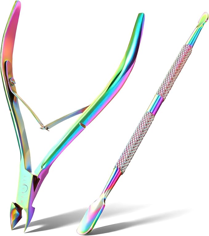 Makartt Cuticle Trimmer: Cuticle Nipper and Cuticle Pusher Set, Rainbow Titanium Stainless Steel Manicure Tools for Nail Prep and Care, 7mm Precision Jaw, Double Spring, Ergonomic and Portable