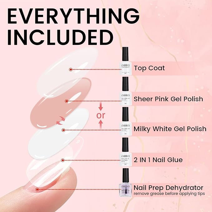 AILLSA Nail Extension Kit Short Almond Nail Tips 240pcs with 2 In 1 Nail Glue Base Coat and Nail Dehydrator, Gel Nail Tips Kit with Nail Lamp Top Coat for Starters Home Salon Valentine's Day