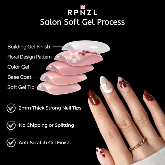 Press On Nails - Blossom | Floral Design Almond UV Finish Nails, Salon Quality | 32 Nails, 16 Sizes Kit with Glue and Adhesive Tabs I Female Founded