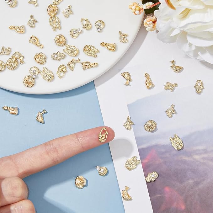 96Pcs 8 Styles 3D Egyptian Nail Charms Vintage Egyptian Nail Art Decoration Retro Nails Jewelry Accessories Pharaoh/Shell/Hamsa Rhinestone Decoration Golden for Nails Art Design