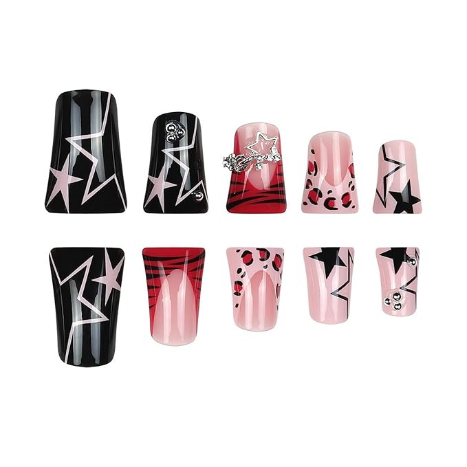 Duck MABKJLF Handmade French Tip Fake Nails - Pink & Black Full Cover Star Dollar Charm False Nails with Designs - Y2K Glossy Glue on Acrylic Artificial Nails for Women & Girls