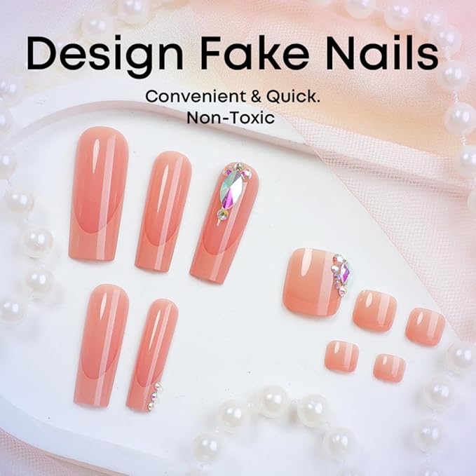 48Pcs French tips Press on Toenails Orange Press on Nails Long Square Fake Nails with Design Diamond Glue on Nails Rhinestone False Nails Glossy Reusable Summer Nails Toenails for Women Manicure