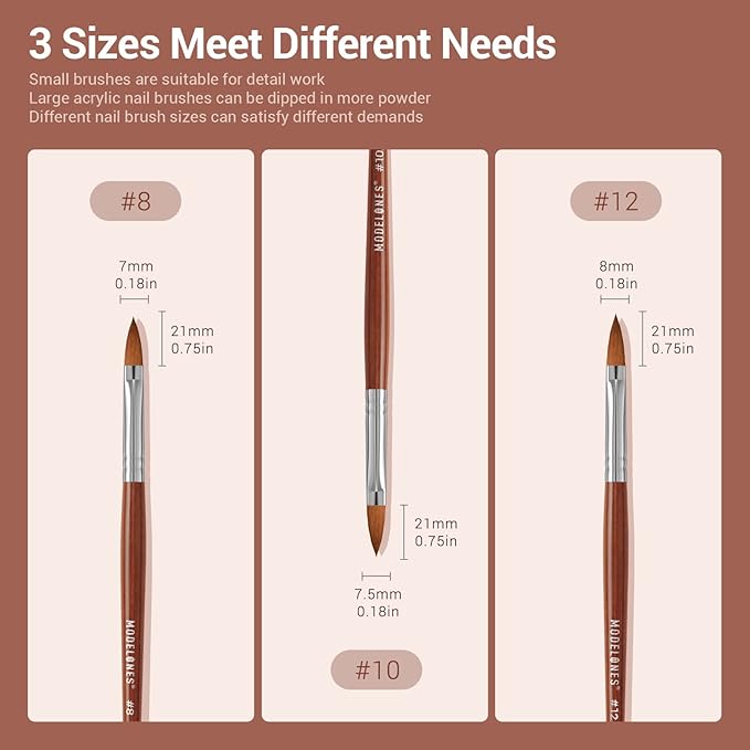 Modelones Kolinsky Acrylic Nail Brush Set, Size 8/10/12 Round Shaped Nail Brushes for Acrylic Powder, Gel Polish, Extension Gel, 3D Carving & Detailing Design with Wooden Handle Salon & DIY Use