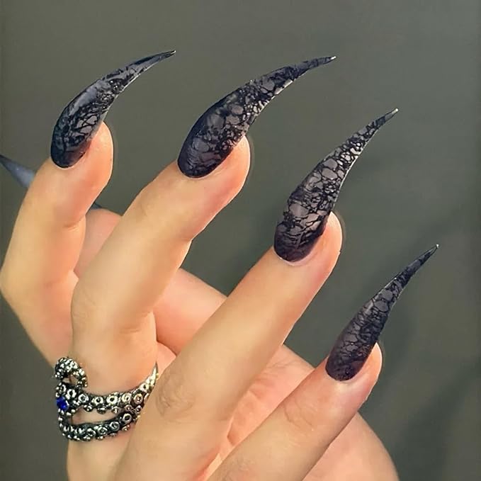 Black with Lace Stiletto Press on Nails with Glue Glossy Extra Short False Nails Hand-Painted Designs Handmade Eagle Dragon Cat Claw Unique Reusable Fake Nails