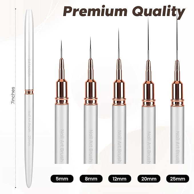 5PCS Nail Art Brushes Set with Pink Leather Case，【Metallic Material】 【Various Size】 【Light Weight】Nail Brush， Nail Brushes for Nail Art，Size：5mm,8mm,12mm,20mm,25mm，Silver