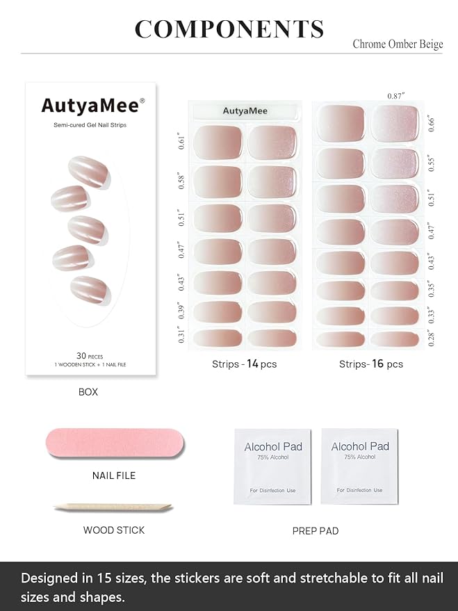 Semi Cured Gel Nail Strips (Chrome Omber Beige), Pearl Glazed, 30 Pcs Gel Nail Wraps, Stickers, UV Light Required