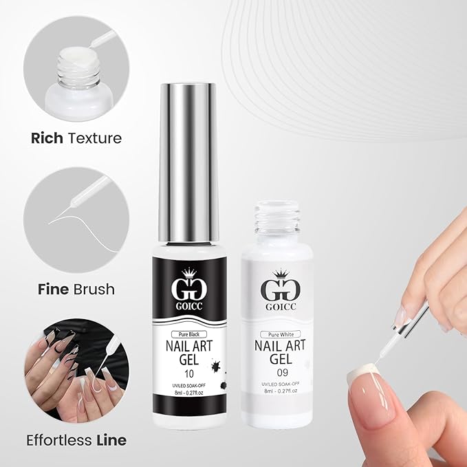 Black and White Gel Nail Polish Art Liner – 2 Colors Gel Nail Polish White Black Liner for Nail Art Design French Tips Soak Off UV/LED 8ml (B6)