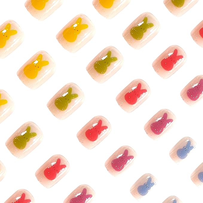 24 Pcs Easter Press on Nails Colorful French Tip Short Square Fake Nail Glitter Cute Bunny False Nails Designs Cartoon Rabbit Stick on Nails Full Cover Acrylic Nail for Women Girls Manicure Art