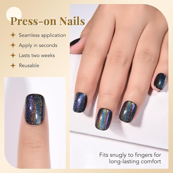 evpct Black Chrome Cat Eye Short Press on Nails Square, Short Square Stick on Nails for Women Gift, Black Metallic Glitter Glossy Reusable Spring Summer Soft Gel Press on Acrylic Fake Nail with Design