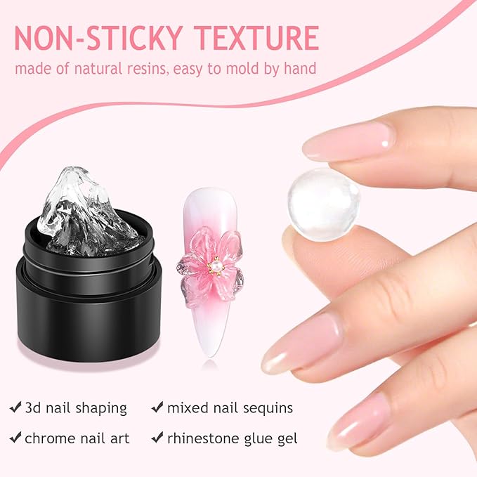 3D Sculpting Gel for Nail Art, 2PCS Clear & Black Solid Builder Kit, Non-Stick Molding Hard Gel with Silicone Carving Pen and Gold Chrome Nail Powder, Professional Nail Salon Supplies
