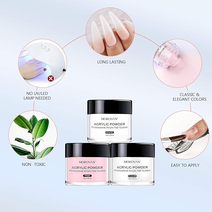 Morovan Acrylic Nail Kit: Clear Pink White Powder and Professional Liquid Set for Nail Extension - DIY at Home With Brush for Beginners