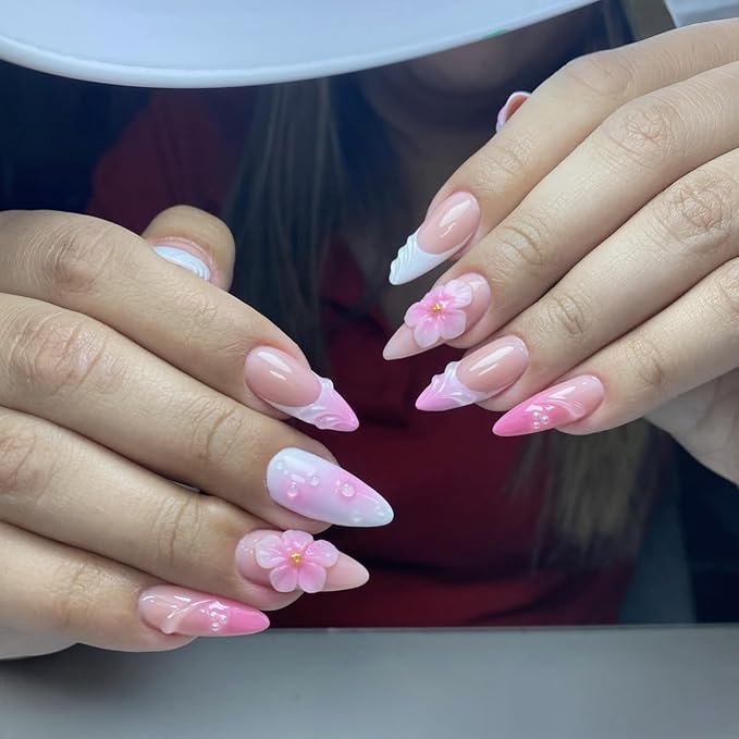 Press on Nails Medium Almond, Pink Fake Nails with 5D Flower Design, Glossy Ombre Glue on Nail, Water Ripple French Tips Nails Press ons, Reusable Pearl Acrylic Nail for Women Manicure